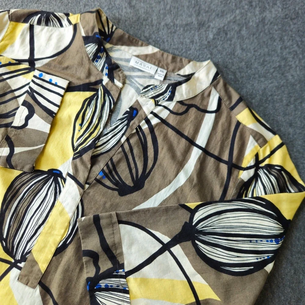 Masai‎ Copenhagen XXL Tunic Top Yellow Brown Linen Cotton Art to Wear Lagenlook